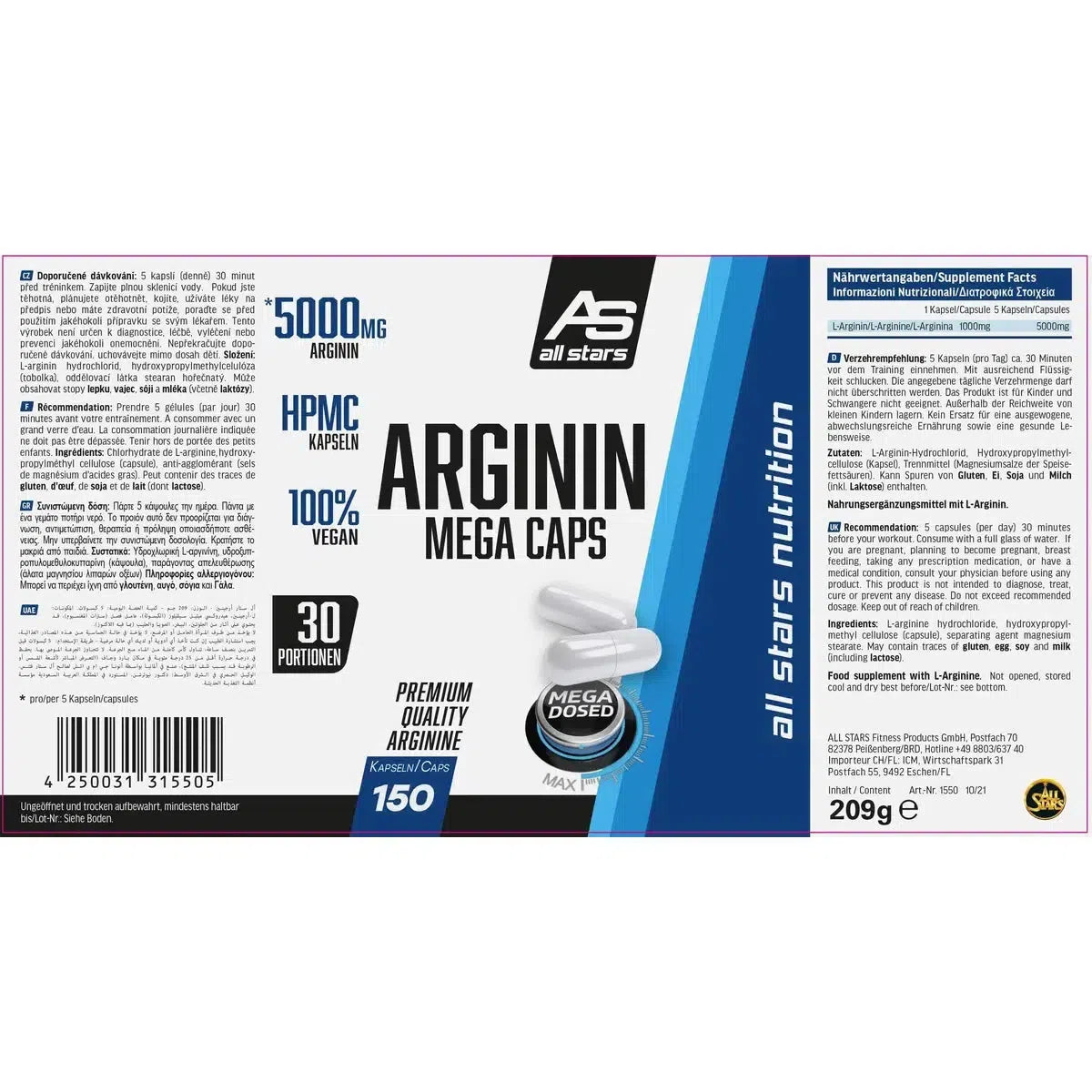 Arginin Mega Caps 150 Kapseln-L-Arginin-Maniac-Sports.de